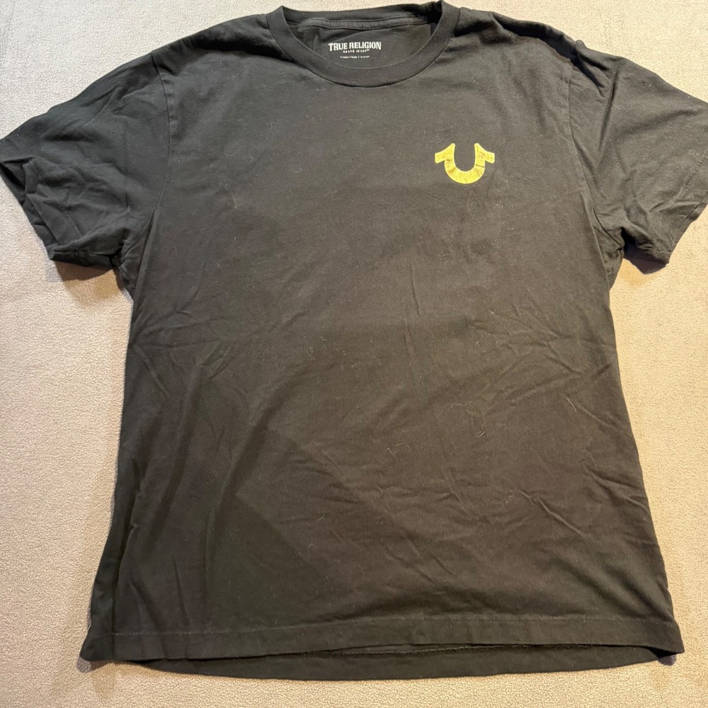 True Religion Mens Black Gold Buddha Guitar Graphic T-Shirt XL Short Sleeve